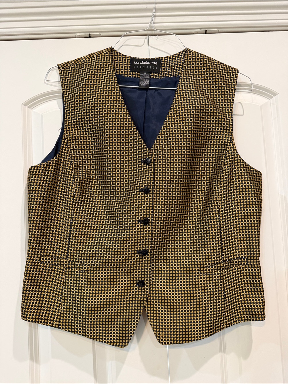 Liz Claiborne Navy and Gold Houndstooth Button Vest